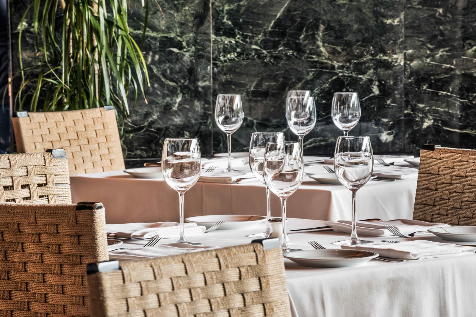 Chic restaurant interior with chandelier lighting and elegant details